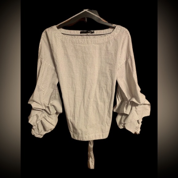 EUC Max Jeans Poof Balloon Billowed Sleeve Blouse Navy Blue Polka Dot - Picture 2 of 7